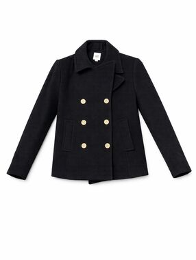 GAP Black Wool Pea Coat Small Double Breasted Ribbed Textured Jacket Faux Fur